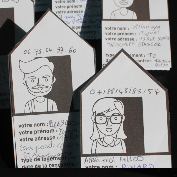 photo de dessins de visages de personnes avec écrit leurs numéro de téléphone et leurs informations personnes (nom, prénom, adresse)